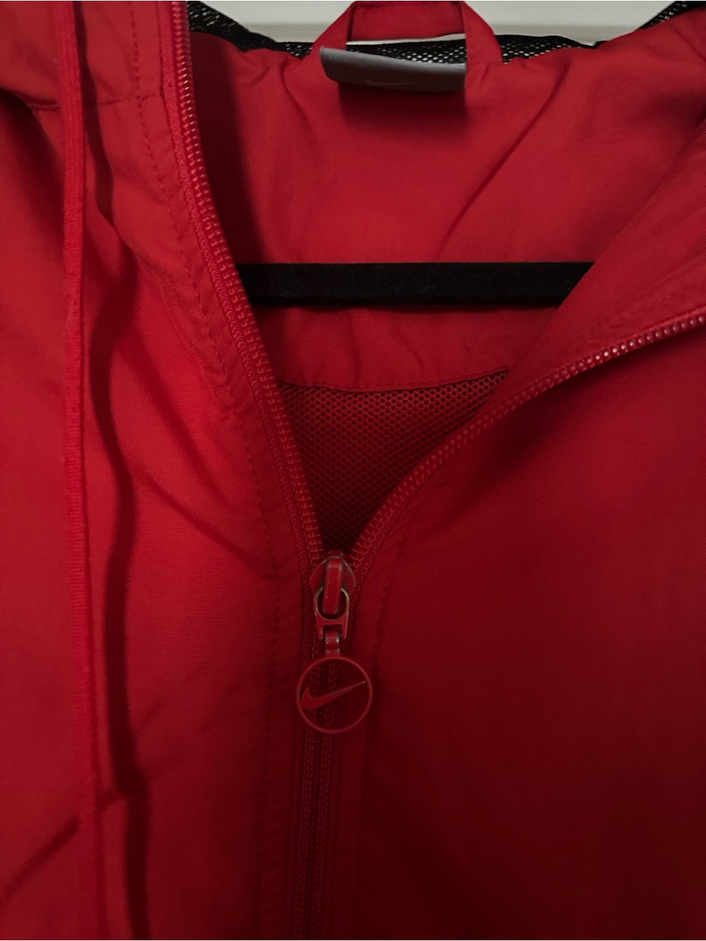 Nike Red Hooded Windbreaker with Black Mesh Trim